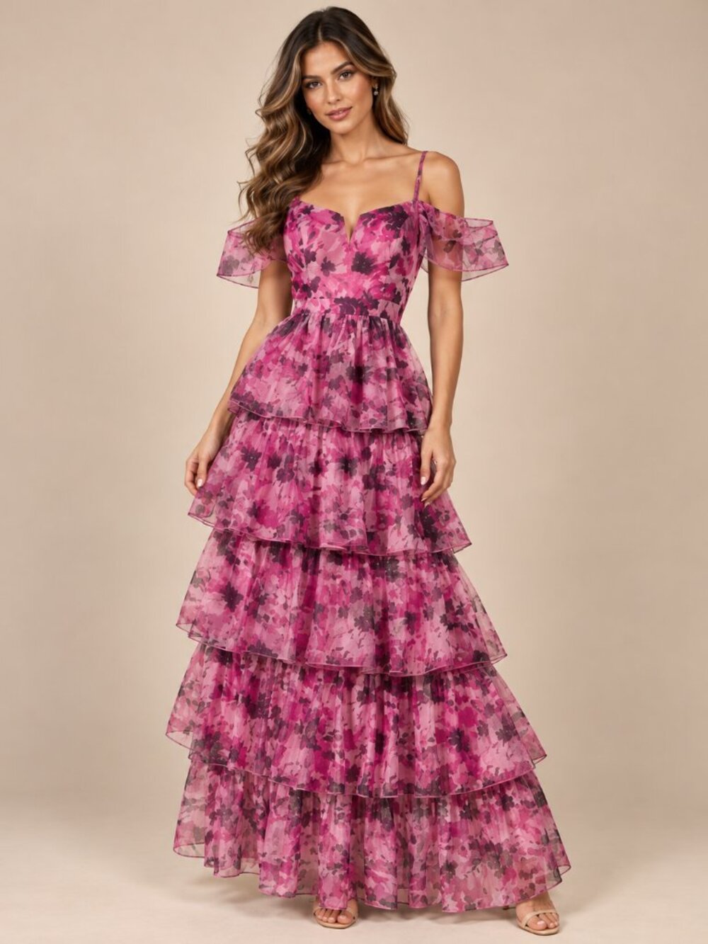 NEW - Pink Floral Tiered Ruffle Off Shoulder Maxi Dress